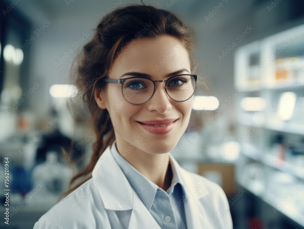 Fototapeta premium Woman wearing white lab coat and glasses is smiling