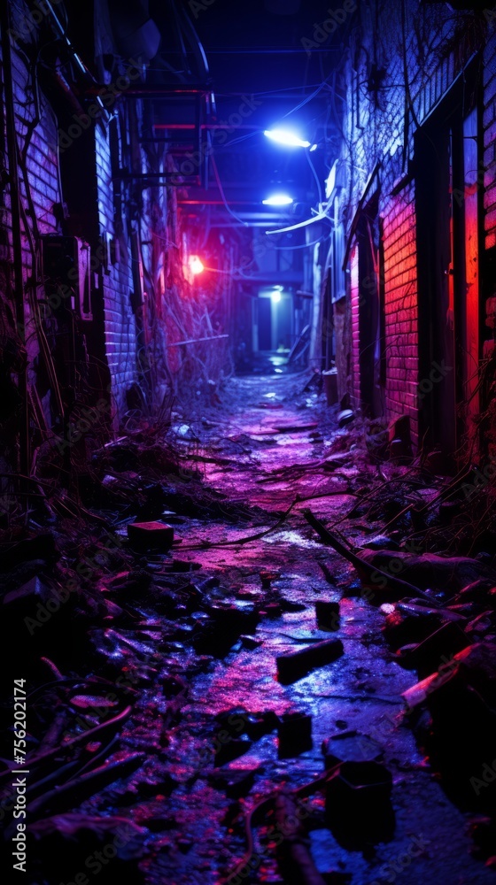 A dark and mysterious alleyway with red and blue lights A dark and mysterious alleyway with red and blue lights