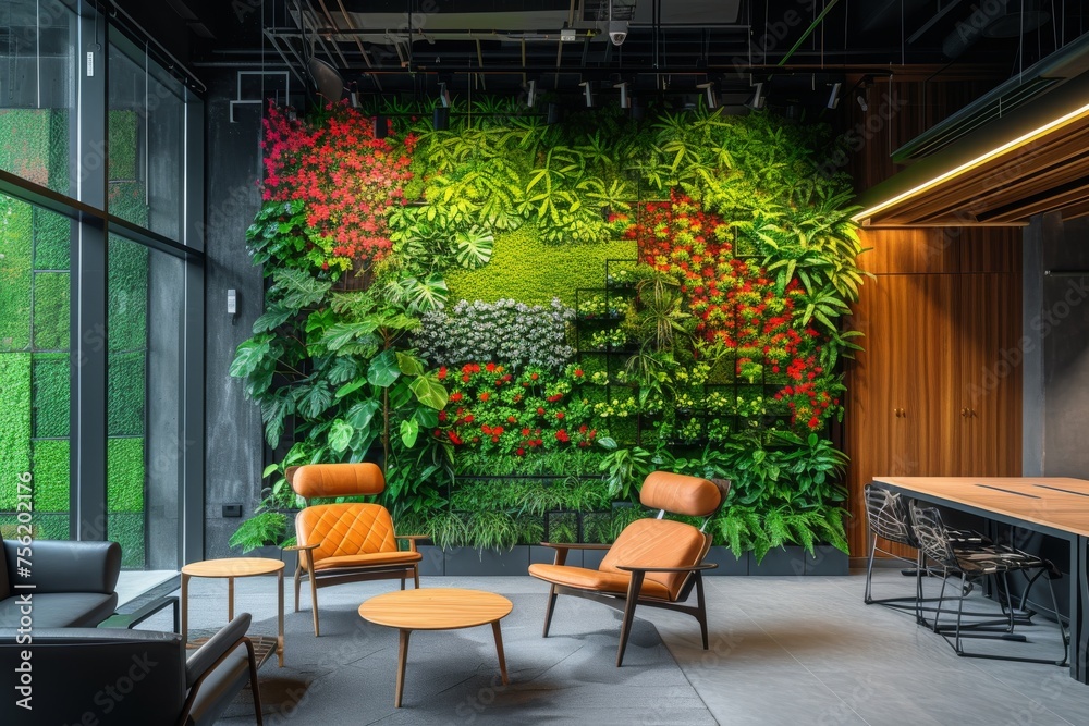 Fototapeta premium A creative office space inspired by nature, featuring biophilic design elements