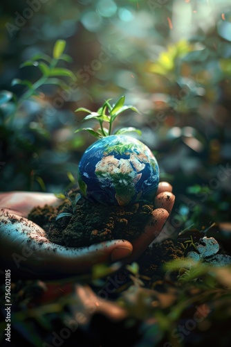 Hand holding small plant in dirt next to globe