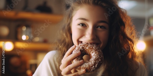 Woman is eating donut and smiling