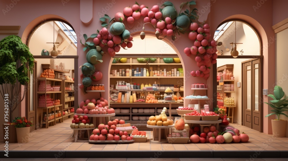 Small grocery store with pink walls and a variety of fruits and vegetables on display