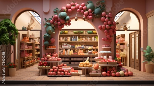 Small grocery store with pink walls and a variety of fruits and vegetables on display