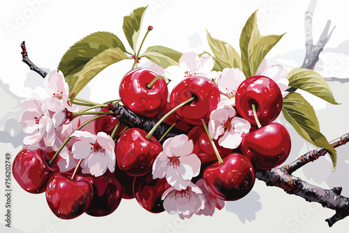 fresh cherries with flowers isolated on white background