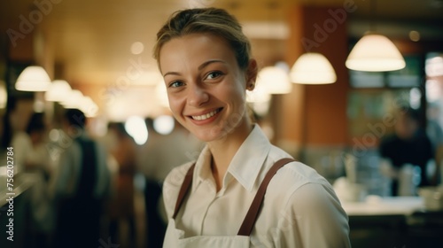 Smiling woman in white shirt stands in front of restaurant