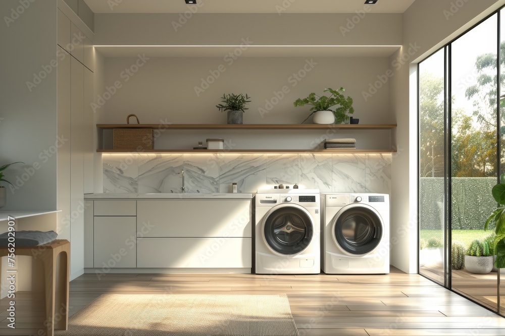 A high-tech laundry room design with smart appliances, touchscreen interfaces A high-tech laundry room design with smart appliances, touchscreen interfaces