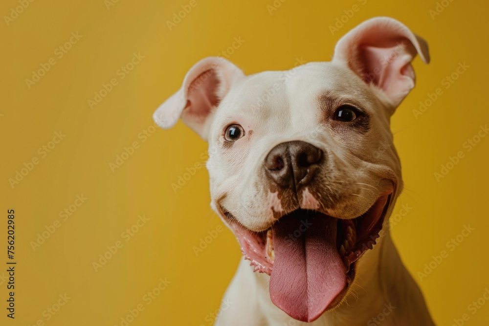 White dog with pink tongue is smiling and looking at camera