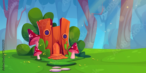 Tiny fantasy wood stump house with mushrooms in forest. path leads to fairy elf or animal home in woodland in summer. Cartoon vector day landscape with trees and bushes, green grass and daisy flowers.