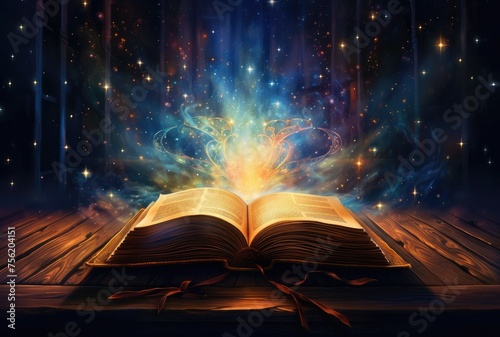 An open book with pages glowing, representing the universe of knowledge and inspiration. The background is dark with stars and galaxies