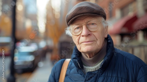 Older man wearing hat and glasses stands on city street © vefimov