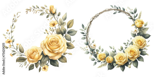 Yellow rose wreath watercolor illustration material set