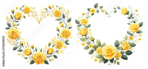 Yellow rose heart-shaped wreath watercolor illustration material set
