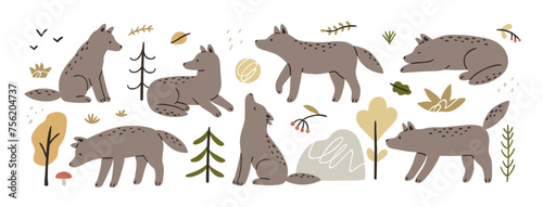 Wolves set in Scandinavian style. Cute forest animal, trees. Scandi wild beast cub, fauna, sweet kawaii coyote, nature. Kids nursery nordic flat vector illustrations isolated on white background