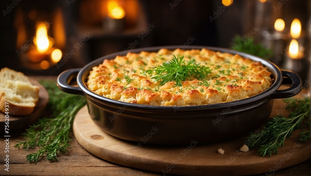 Freshly baked casserole in a blue dish garnished with dill served on a wooden board, cozy background with fireplace