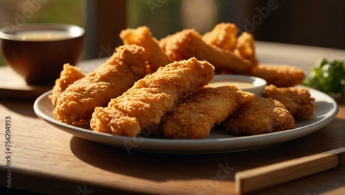 Appetizing crispy golden chicken strips with fresh lemon and sprinkled herbs and spices on a rustic table	