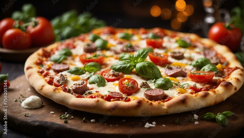 pizza with tomatoes and mozzarella, delicious Italian pizza topped with melted cheese, fresh basil, and cherry tomatoes on a stone surface	
