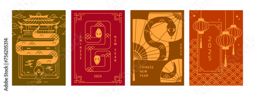 Chinese New Year, greeting cards sets. 2025, China posters designs with snake. Eastern line-art postcards layouts, Asian oriental lunar animal symbol, vertical backgrounds. Flat vector illustrations