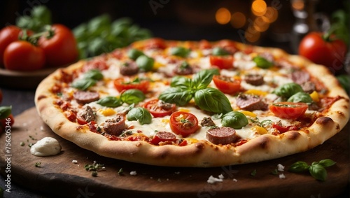 pizza with tomatoes and mozzarella, delicious Italian pizza topped with melted cheese, fresh basil, and cherry tomatoes on a stone surface 