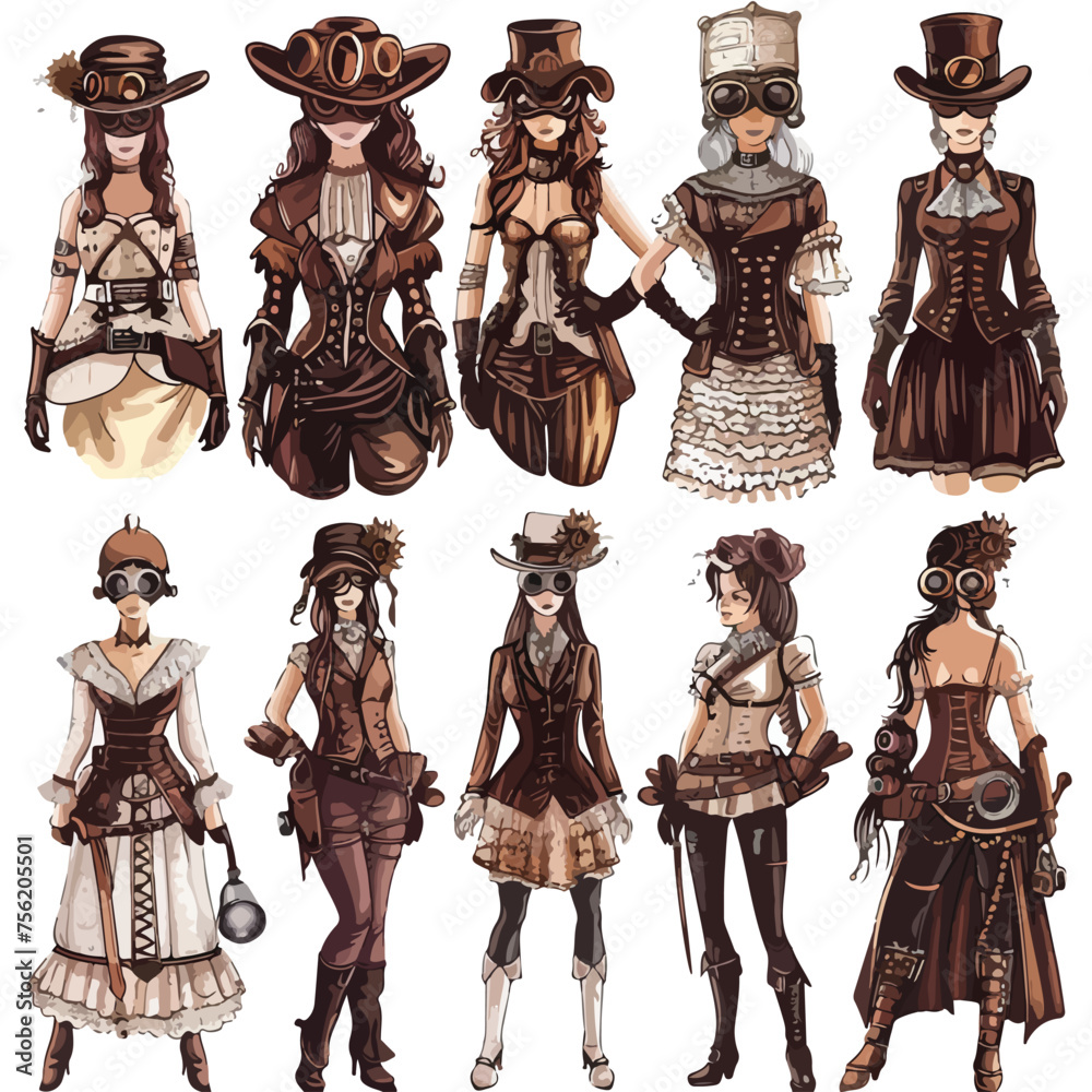 Steampunk Girls Clipart isolated on white background