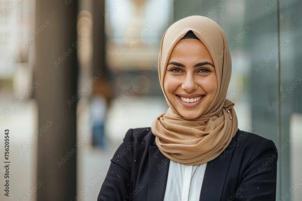 Portrait of smiling businesswoman in hijab - generative ai Portrait of smiling businesswoman in hijab - generative ai