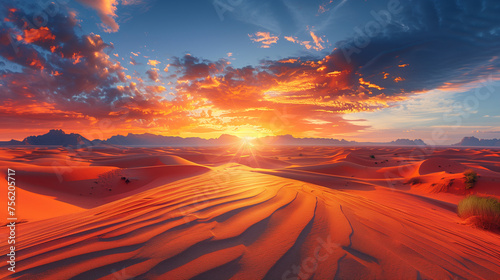 A fiery sunset casts a blaze of orange and red across the vast desert, with undulating sand dunes creating a mesmerizing pattern.