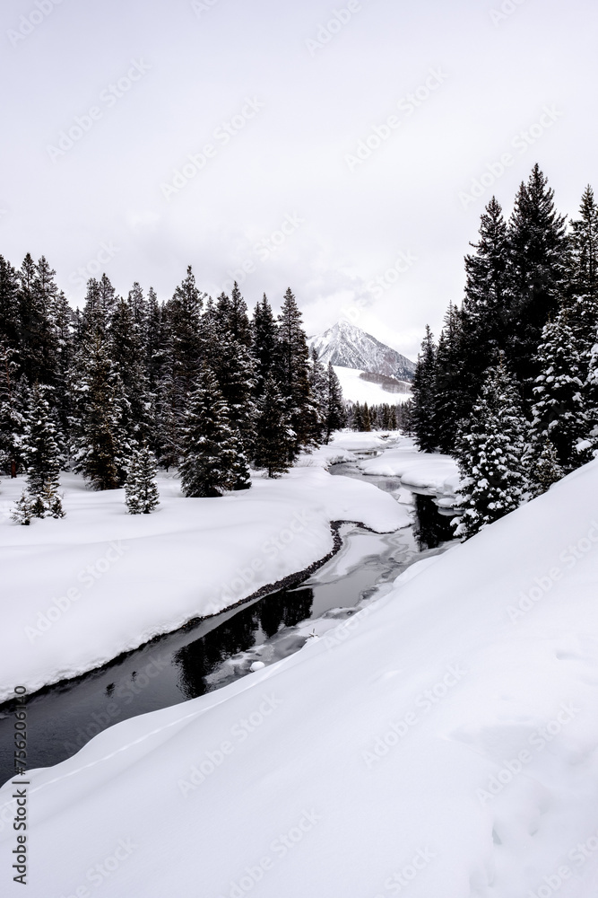 Frozen river and winter landscape