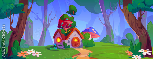 Tiny fantasy house with mushrooms on roof in forest. path leads to fairy elf or animal home in woodland in summer. Cartoon vector day landscape with trees and bushes, green grass and daisy flowers. © klyaksun