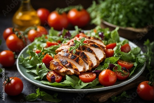 Grilled chicken breast sliced on top of a bed of greens with cherry tomatoes and dressing