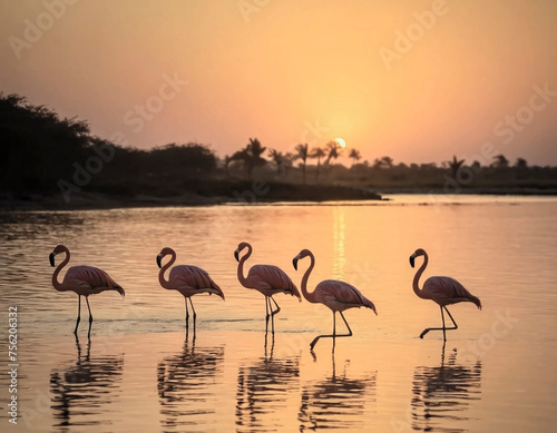 flamingos in the water  with the sun setting at sunset