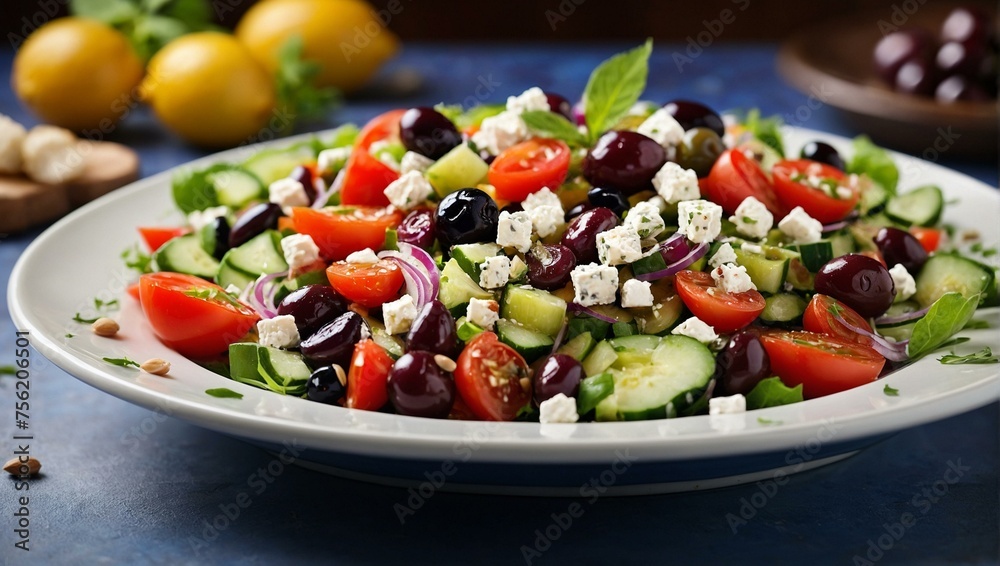 A refreshing Greek salad with chunks of feta cheese and black Kalamata olives, mixed with tomatoes, cucumber, and onion
A refreshing Greek salad with chunks of feta cheese and black Kalamata olives, mixed with tomatoes, cucumber, and onion