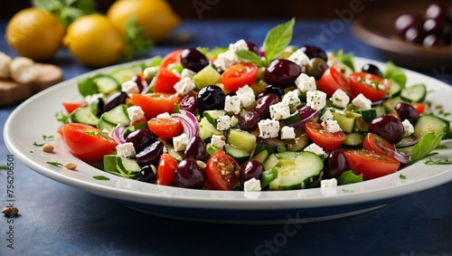A refreshing Greek salad with chunks of feta cheese and black Kalamata olives, mixed with tomatoes, cucumber, and onion 