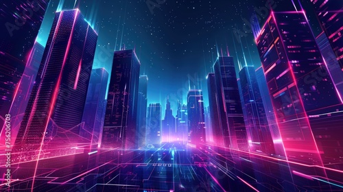 Urban illustration and tall buildings with neon light concept. Generate AI image