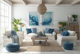 A coastal-style living room, featuring whitewashed walls, ocean-inspired decor