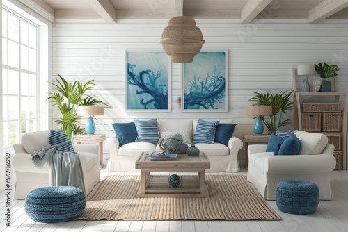 A coastal-style living room, featuring whitewashed walls, ocean-inspired decor photo