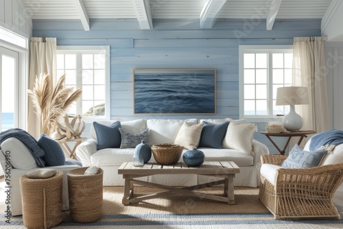 A coastal-style living room, featuring whitewashed walls, ocean-inspired decor