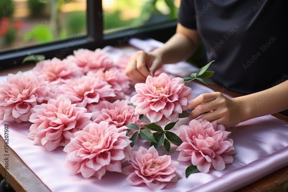 Woman arranging beautiful peonies bouquet on table Woman arranging beautiful peonies bouquet on table