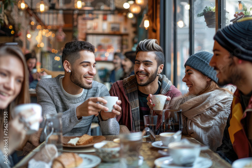 Happy friends having time talking together at a cafe