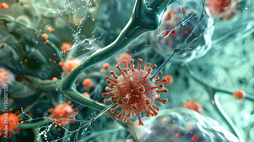 A detailed 3D illustration captures the critical moment a virus particle engages a host cell, set in a sea of cellular activity.