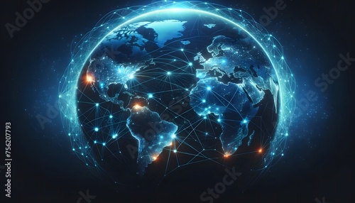 a digital and network-connected representation of Earth, highlighting continents with glowing nodes and connections to symbolize global communication and connectivity.