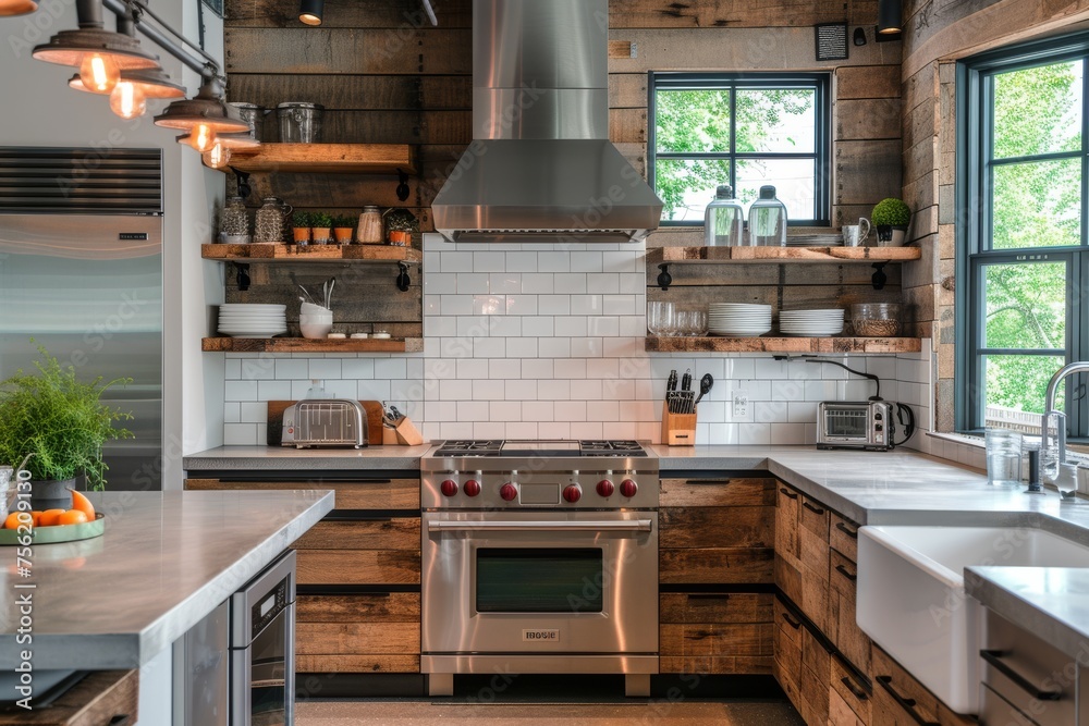 custom made wallpaper toronto digitalAn industrial-style kitchen featuring stainless steel appliances