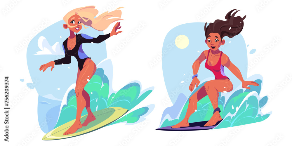 Young women surfing on beach isolated on white background. Vector cartoon illustration of attractive girls in bikini riding surf boards, sea water splashes, sun shining in sky, summer sports activity - obrazy, fototapety, plakaty 