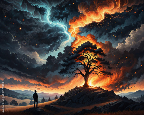 a burning tree stands on a hill, next to it is a silhouette of a man, thunderclouds in the sky. Generated AI © ASPmedia