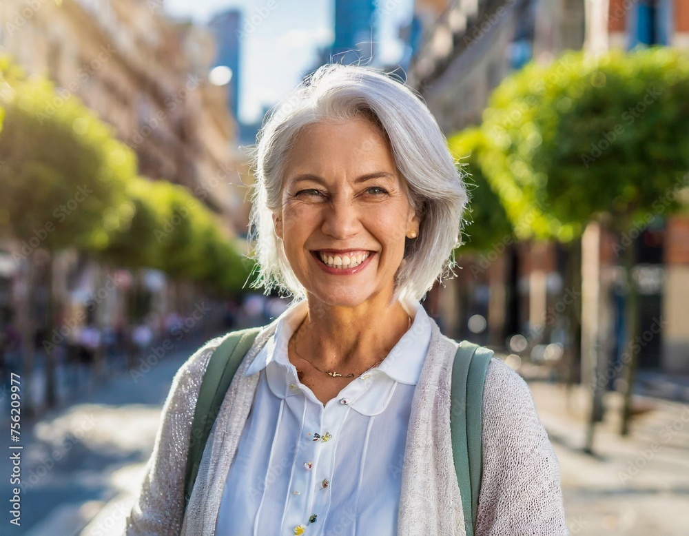 Portrait of happy senior woman in street outdoors city main