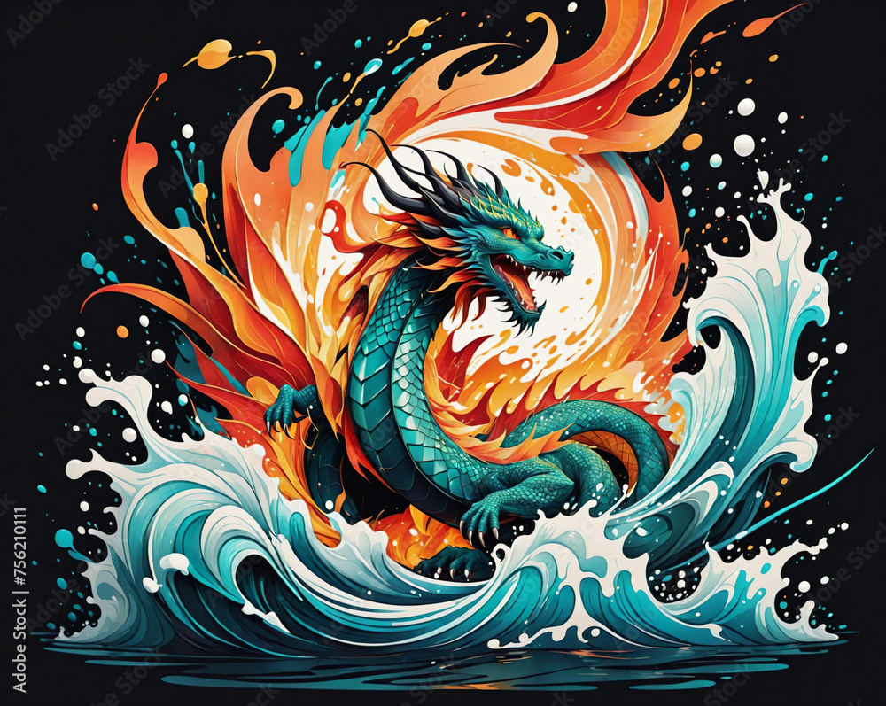 dragon among splashes and swirls of water and fire, flat illustration. Generated AI