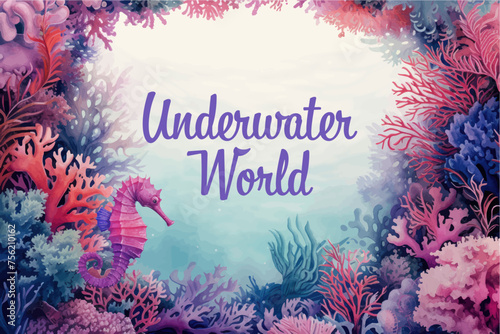 Underwater scene with coral reef, fish and seaweed. Vector watercolor illustration.