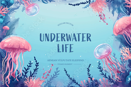 Underwater scene with coral reef, fish and seaweed. Vector watercolor illustration.