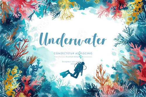 Underwater scene with coral reef, fish and seaweed. Vector watercolor illustration.