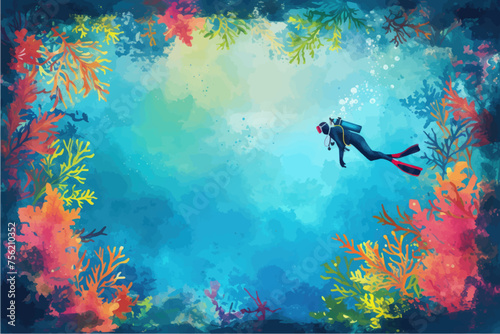 Underwater scene with coral reef  fish and seaweed. Vector watercolor illustration.