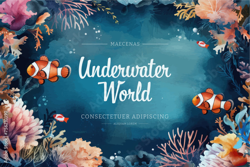 Underwater scene with coral reef, fish and seaweed. Vector watercolor illustration.
