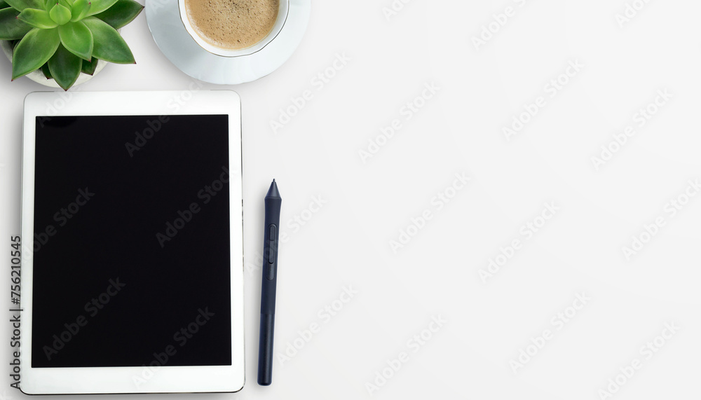 Office desk with stationary on white table background.